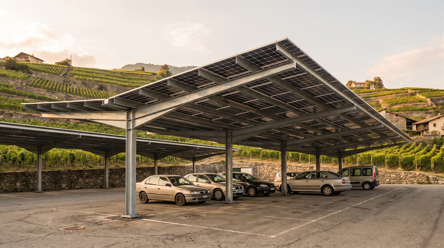 Ombrière photovoltaïque sur structure acier galvanisé au-dessus d'un parking, coteau de vignes en terrasses à l'arrière-plan.